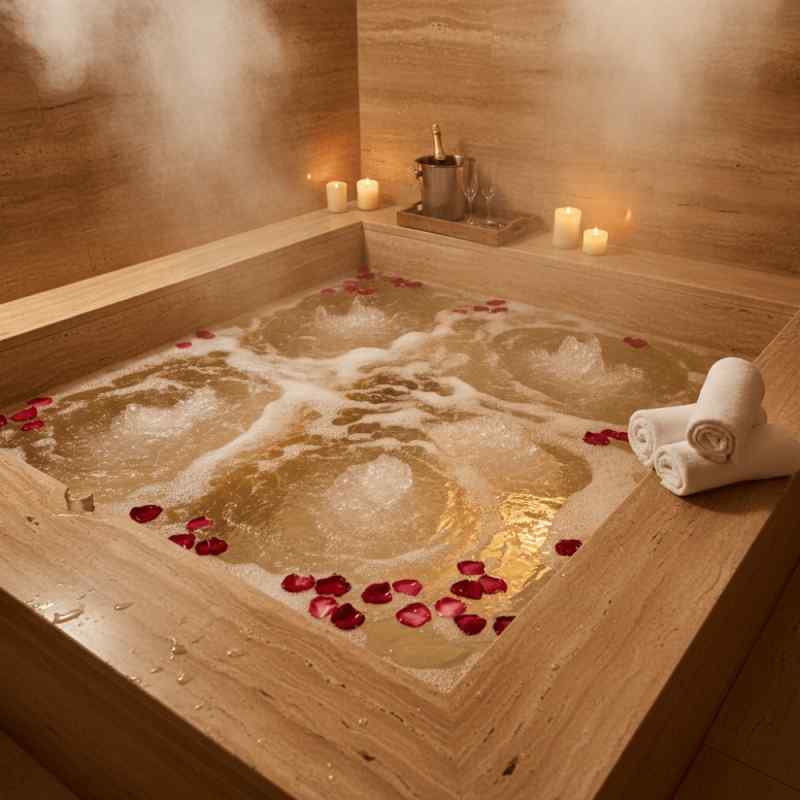 Jacuzzi privatif XXL en pierre naturelle avec jets actifs et éclairage LED ambré dans suite pour couple LMAC Jacuzzi privatif XXL en pierre naturelle avec jets actifs et éclairage LED ambré dans suite pour couple LMAC