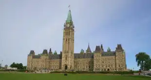 Vue diurne d'une promenade menant à des bâtiments officiels d'Ottawa, visiteurs anonymes