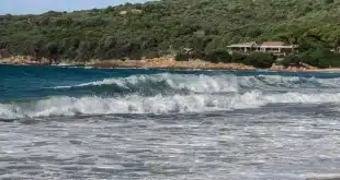 Crique corse avec eau turquoise, maquis et sentier menant à la plage