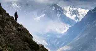 Plateforme d'observation ensoleillée sur le fjord du Saguenay avec randonneurs de dos