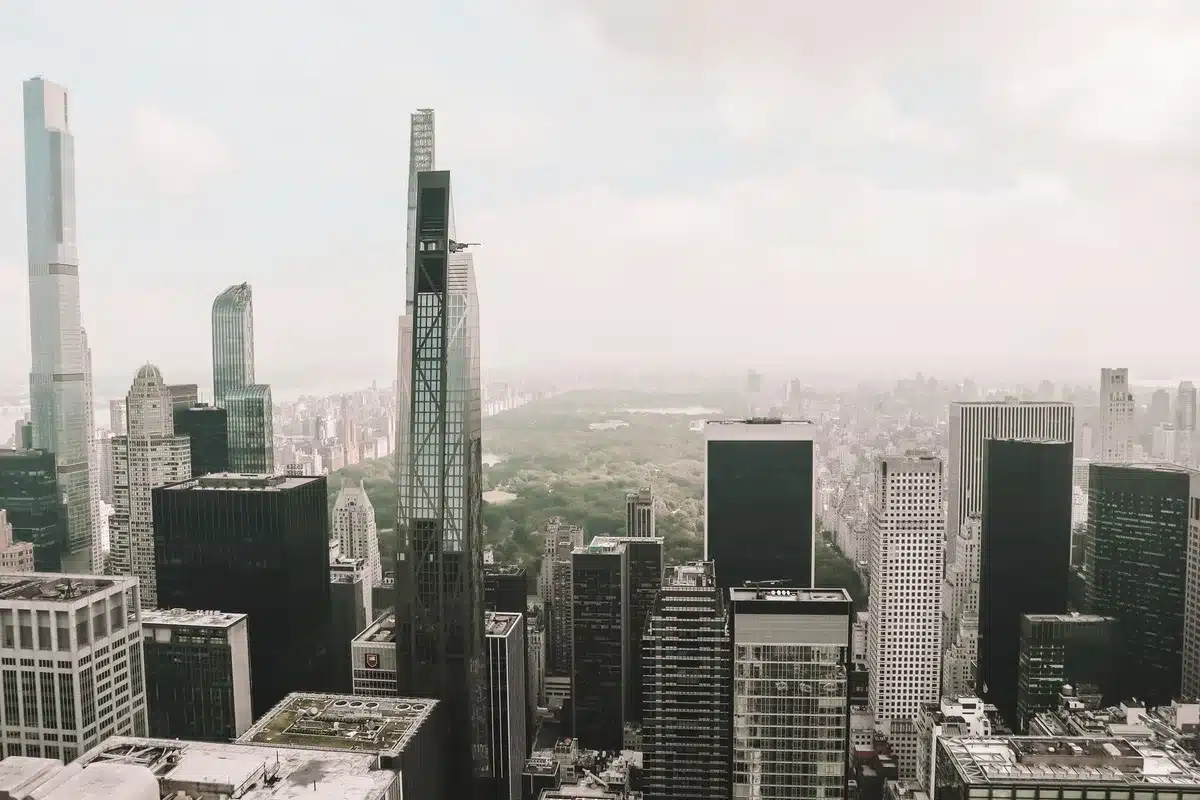 Vue de jour sur Central Park avec promeneurs et pelouses