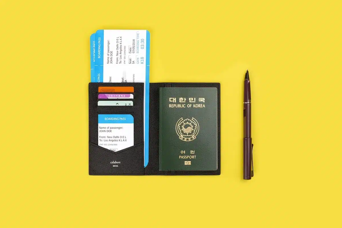 Dossier de voyage avec carnet de grossesse, ordonnances et carte d'assurance posés sur une valise