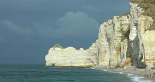 Falaises et chemin côtier en Normandie avec promeneurs et sac à dos