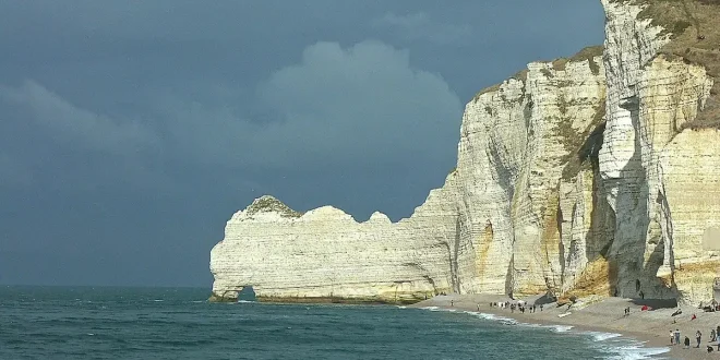 Falaises et chemin côtier en Normandie avec promeneurs et sac à dos