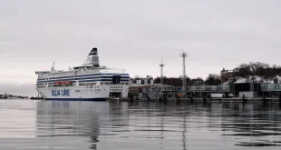 Quai ensoleillé avec ferry, carte touristique et café, îles et pins en arrière-plan